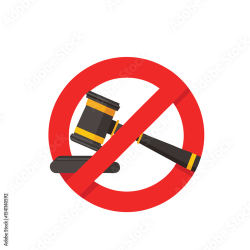 Prohibition symbol featuring a gavel indicating no legal actions or legal activities vector illustration