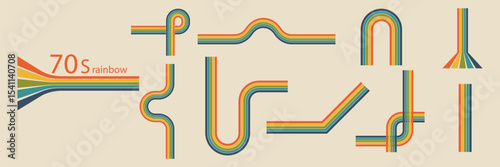 70s poster elements rainbow isolated of collection. Vector of rainbow curve and colorful, geometric 70s and 60s groovy illustration