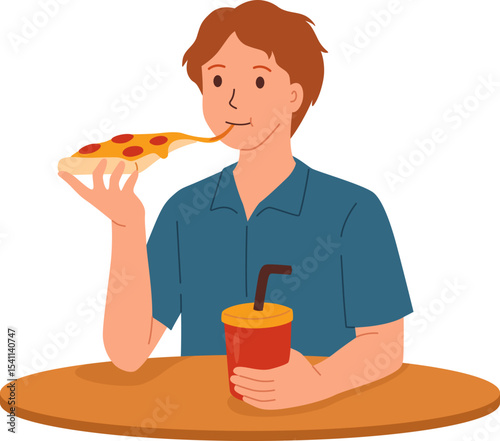 Man Eating Pizza with a Drink

