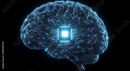 Artificial Brain in Science: A captivating image showcases a futuristic representation of the human brain, integrated with an advanced central processing unit (CPU).