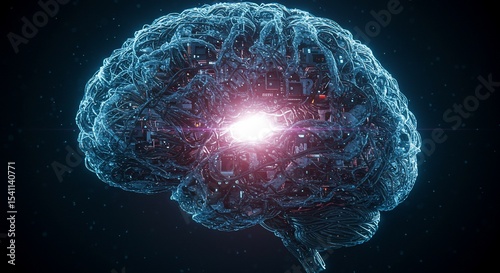 Mind's Eye: A detailed rendering of a human brain, with a brilliant core, evoking the power of the mind, scientific study, and innovative thinking.