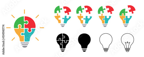 Jigsaw puzzles on light bulb icon vector set. Solution symbol isolated on white background. Idea conceptual concept