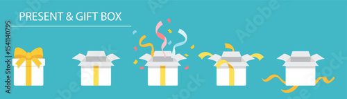 A set of variations empty open and closed gift present boxes.