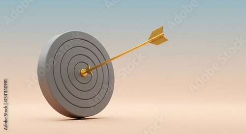 Golden Arrow Hitting Bullseye: A 3D rendering of a golden arrow precisely hitting the bullseye of a gray target, symbolizing accuracy, precision, and achieving goals.