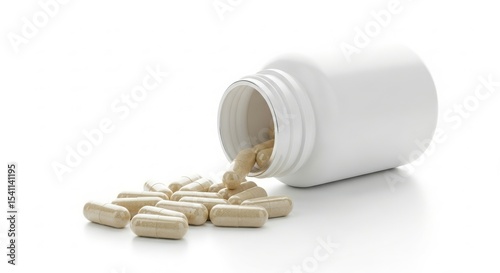 A white bottle spills beige capsules on a white background, suggesting dietary supplements.