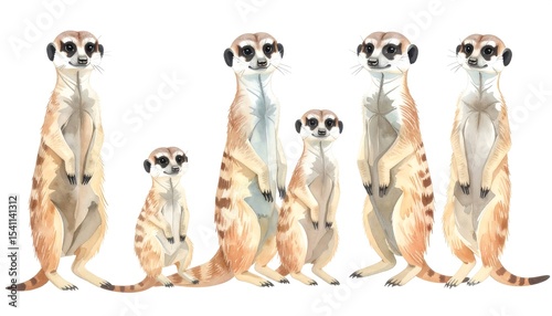 Watercolor meerkat family standing together.