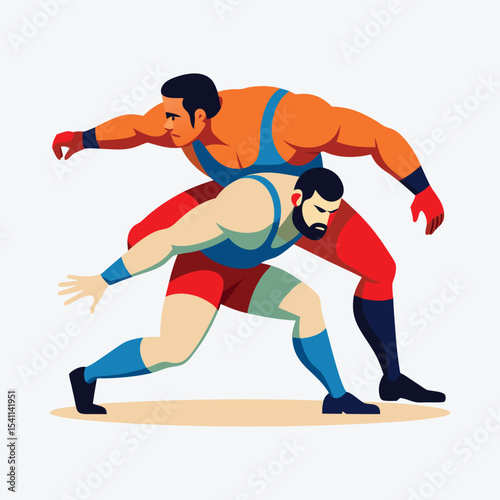 Two wrestlers grappling in a stylized vector illustration