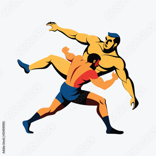 Two stylized wrestlers in action on a white background
