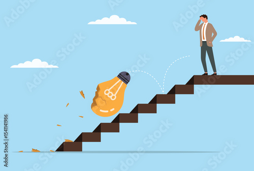 Vector illustration of a businessman looking upset as a light bulb falls down the stairs and breaks, representing disappointment and frustration over a failed idea or sudden setback in business
