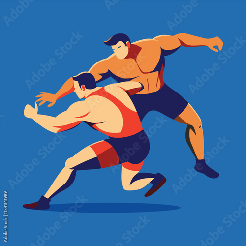Two wrestlers competing in a match on a blue background