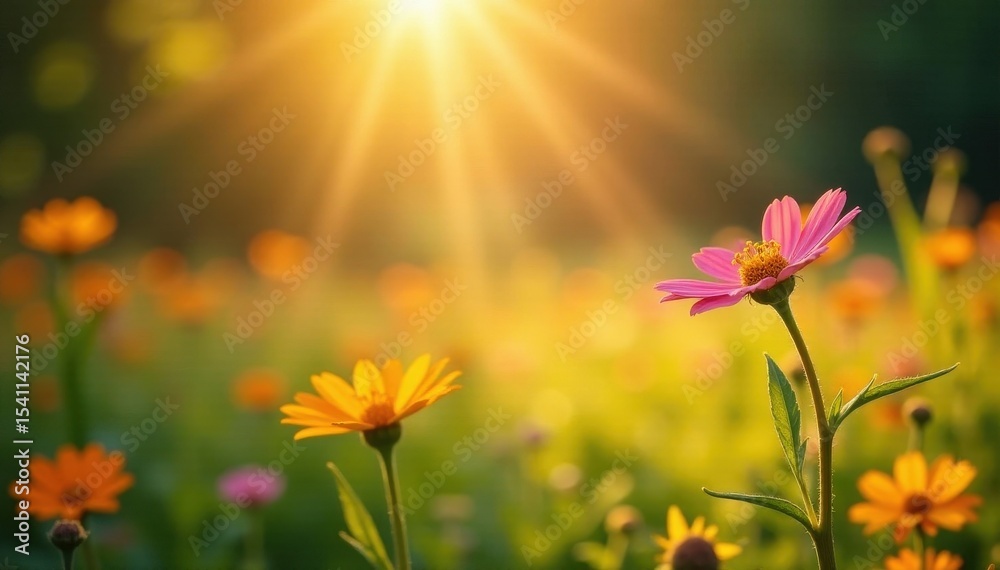 Fototapeta premium Golden sunbeams drench vibrant wildflowers, soft focus background , spring, beauty, peaceful