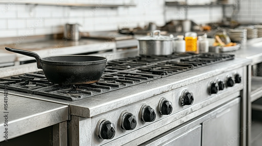 Commercial kitchen stovetop with pan. Commercial kitchen stovetop with pan.