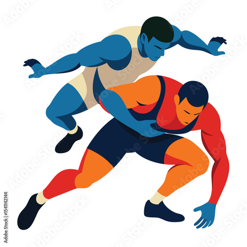 Two wrestlers in action with stylized color illustration