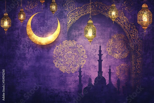 Golden crescent and lanterns illuminate a purple mosque silhouette in intricate Islamic themed artwork