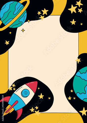 Playful Space Exploration Frame, Planets, Rocket, Stars, Cosmic, Welcome Poster