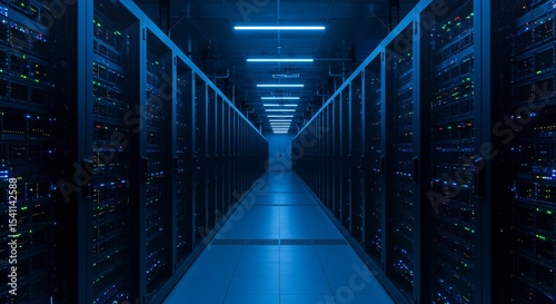 Digital Nexus: An ethereal perspective through a modern server room, highlighting rows of advanced servers and equipment. The scene is bathed in cool blue light.