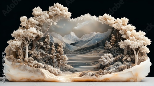 Miniature mountain view crafted from inlaid and blown glass with dark background