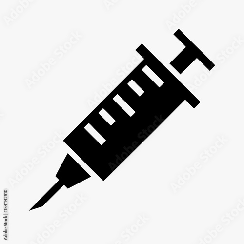 Black syringe icon with needle silhouette isolated on white background
