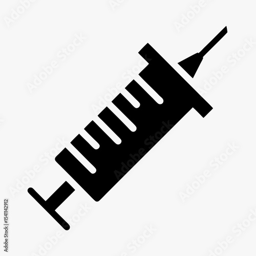 Black syringe icon with needle silhouette isolated on white background
