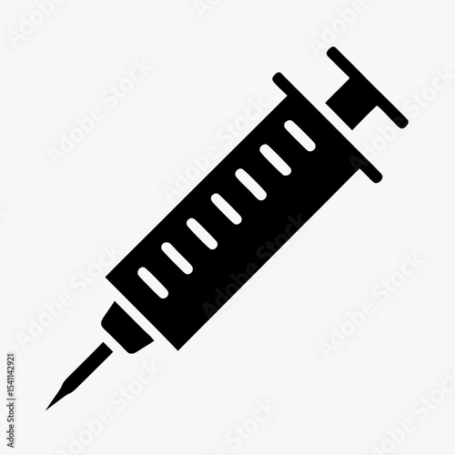 Black syringe icon with needle silhouette isolated on white background
