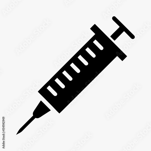 Black syringe icon with needle silhouette isolated on white background
