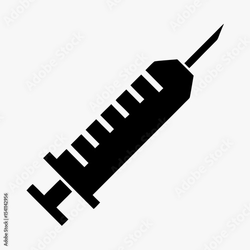 Black syringe icon with needle silhouette isolated on white background
