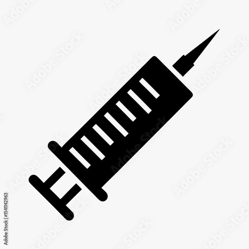 Black syringe icon with needle silhouette isolated on white background
