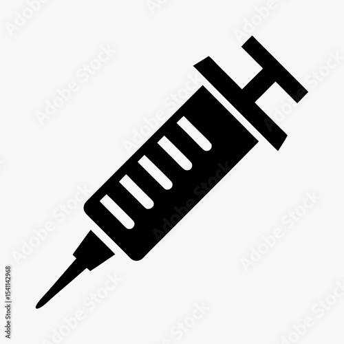 Black syringe icon with needle silhouette isolated on white background
