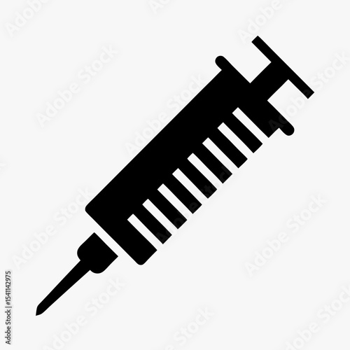 Black syringe icon with needle silhouette isolated on white background
