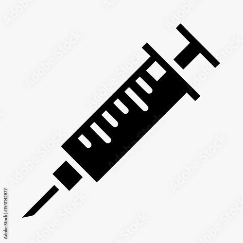 Black syringe icon with needle silhouette isolated on white background
