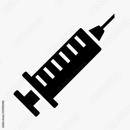 Black syringe icon with needle silhouette isolated on white background
