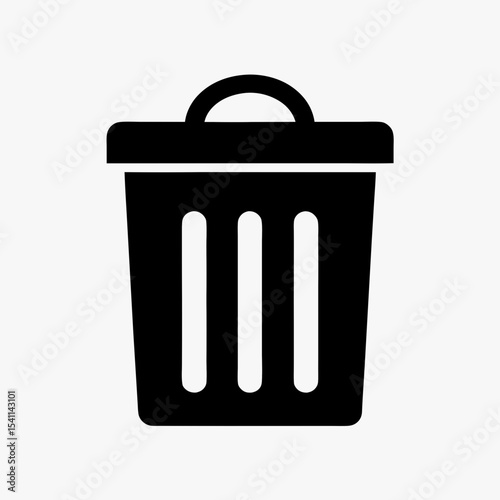 Black trash can icon with lid and vertical lines isolated on white background
