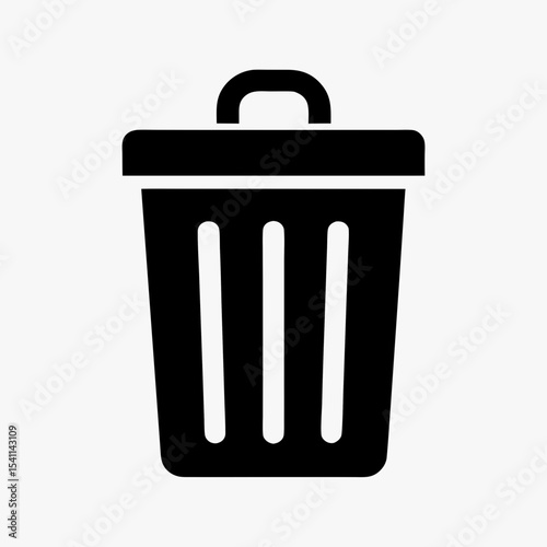 Black trash can icon with lid and vertical lines isolated on white background
