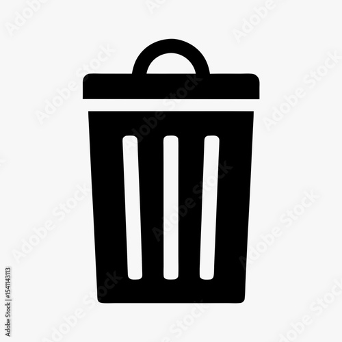 Black trash can icon with lid and vertical lines isolated on white background
