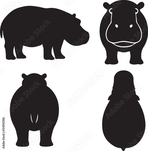 Hippopotamus silhouette icons set side, front, back, and top views vector art illustration