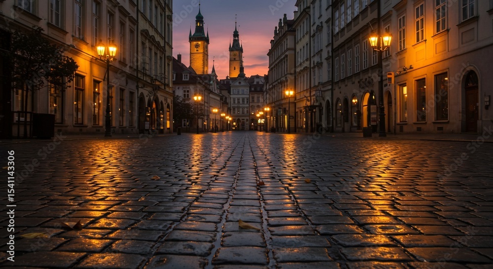 Naklejka premium Prague Cobblestone Street at Dusk: The enchanting charm of Prague unfolds at twilight, with a historic cobblestone street leading towards a silhouette of ancient buildings.