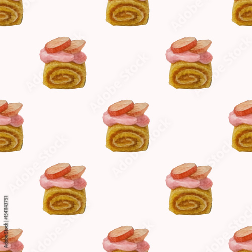 seamless pattern brownies cake with cream and sliced ​​grapes watercolor. Suitable for any purpose, such as wrapping paper or textile, mobile wallpaper, website, decoration, background,etc
