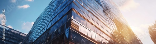 Modern glass high-rise building against a partly cloudy sky.