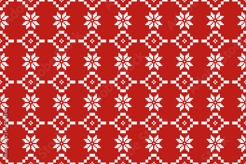 Christmas and New Year seamless pattern. White snowflakes  on red pixel pattern for winter hat,jumper,sweater, wrapping,fabric,border,rim,carpets, blankets, towels.