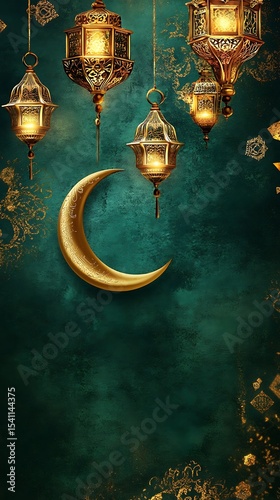 Golden Crescent Moon and Decorative Lanterns Hanging Against a Teal Textured Background for Ramadan