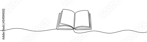 Continuous line drawing of open book. One line vector drawing of book and pen. Concept of education in one line vector. Background for world book day,international education day. Editable stroke