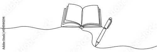 Continuous line drawing of open book and pen. One line vector drawing of book and pen. Concept of education. Background for world book day,international education day. Editable stroke