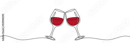 Continuous one line drawing of two glasses of red wine. Minimalist linear concept of celebrate and cheering. Editable stroke Vector illustration