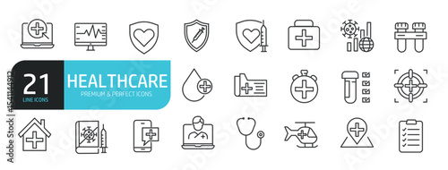 Set of line icons related to heatlhcare, medical, hospital. Outline icons collection. Editable stroke. Vector illustration