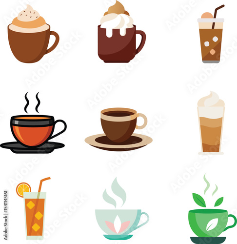 Tea and Coffee Vector Set – Colorful Clipart Collection Featuring Cups, Mugs, Teapots, Lattes, Cappuccino, Espresso, Herbal Tea, and Coffee Beans for Cafe Menu, Beverage Branding, and Cozy Drink