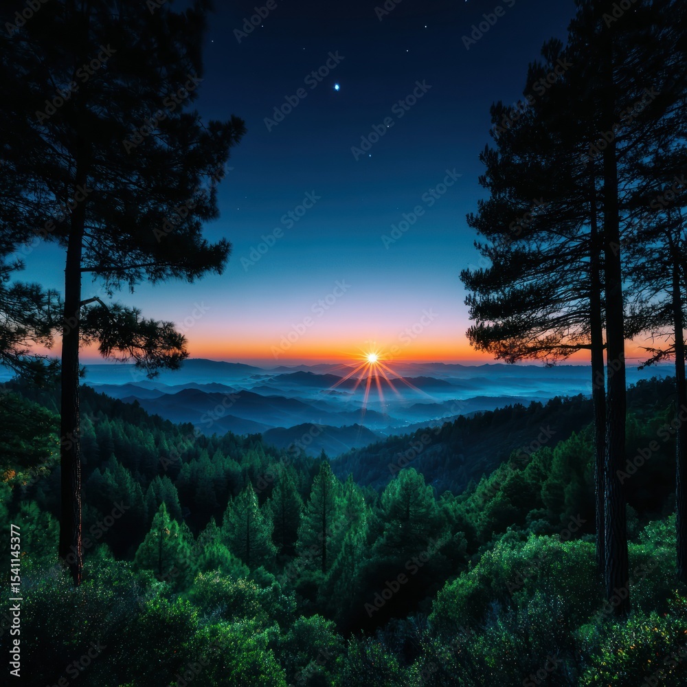 Naklejka premium Sunrise view from a mountaintop through pine trees