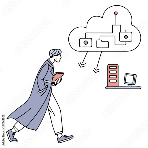 Flat vector of elderly man walking with book near technology icon. Great for lifelong learning or education access. Not AI-Generated