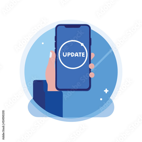 Vector illustration of a hand holding smartphone with an update notification interface