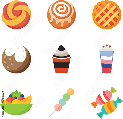Fruit Dessert Vector Set – Colorful Clipart Collection Featuring Strawberry Shortcake, Fruit Tart, Lemon Pie, Berry Parfait, Mango Pudding, Kiwi Cheesecake, and Tropical Treats for Cafe Menus
