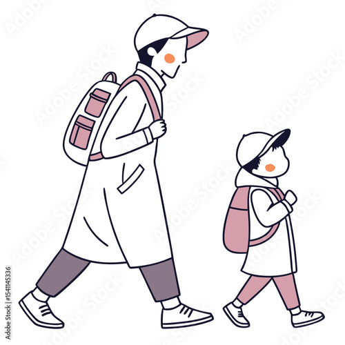 Illustration of a parent and child walking together. Perfect for education, parenting, or back-to-school designs. Not AI-Generated